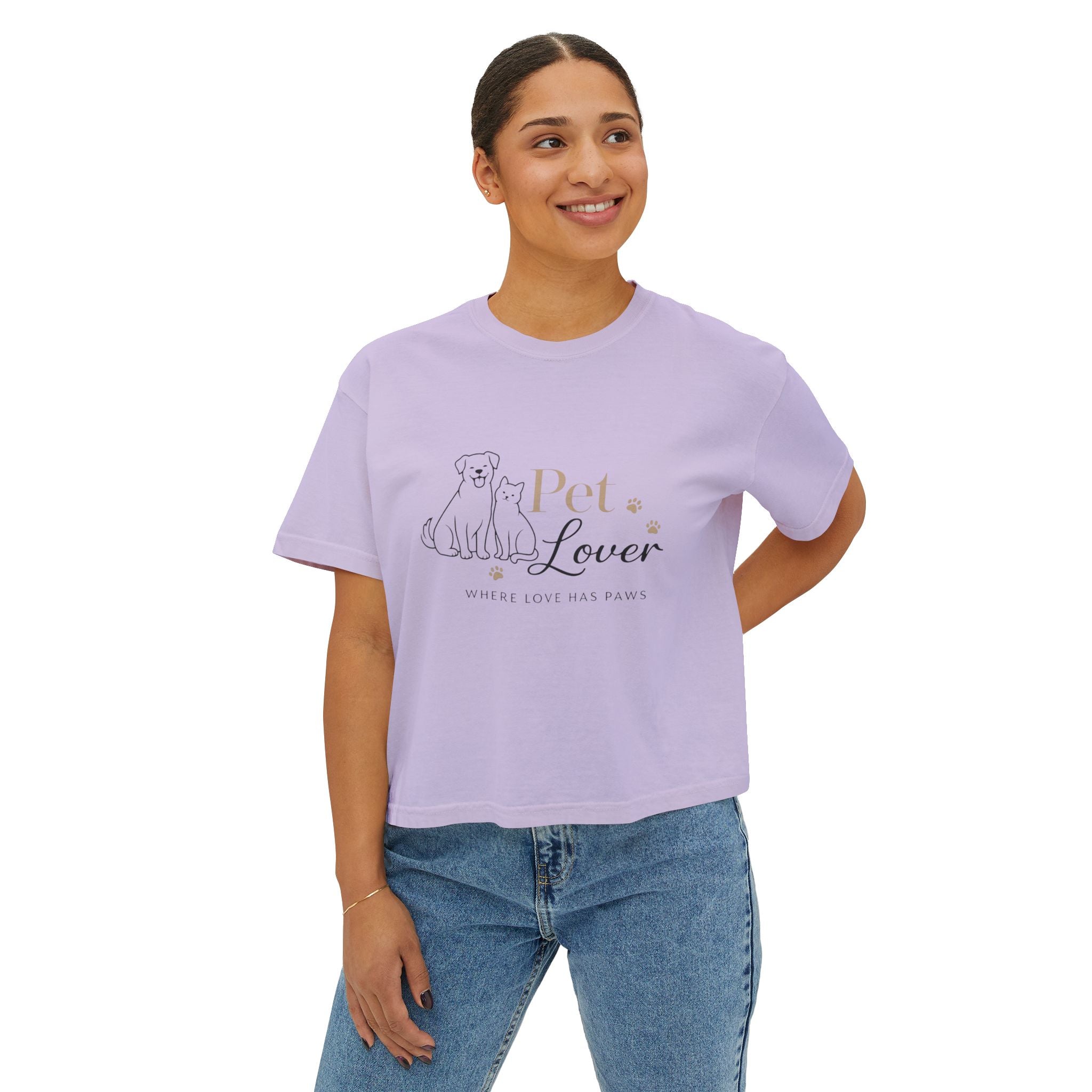 Pet Lover Women's Boxy Tee — "Where Love Has Paws" Cute Dog & Cat Graphic