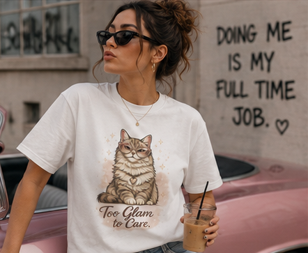 Cat T-Shirt — “Too Glam to Care” ✨🐱