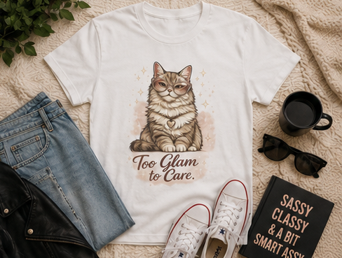 Cat T-Shirt — “Too Glam to Care” ✨🐱
