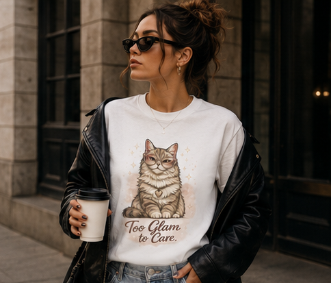 Cat T-Shirt — “Too Glam to Care” ✨🐱