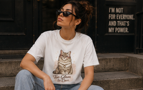 Cat T-Shirt — “Too Glam to Care” ✨🐱