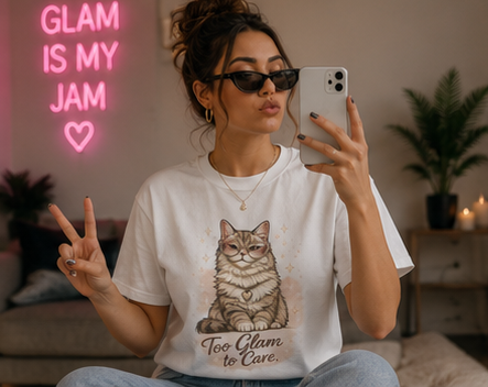 Cat T-Shirt — “Too Glam to Care” ✨🐱