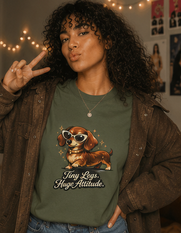 Dachshund Tee — "Tiny Legs, Huge Attitude" Graphic Dog T-Shirt