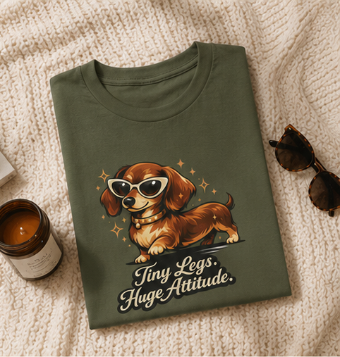 Dachshund Tee — "Tiny Legs, Huge Attitude" Graphic Dog T-Shirt
