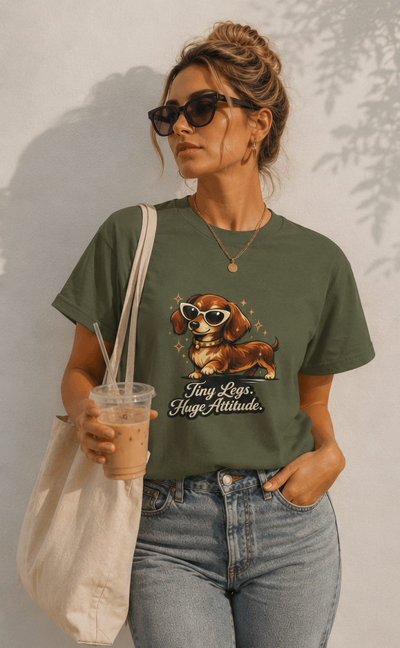 Dachshund Tee — "Tiny Legs, Huge Attitude" Graphic Dog T-Shirt