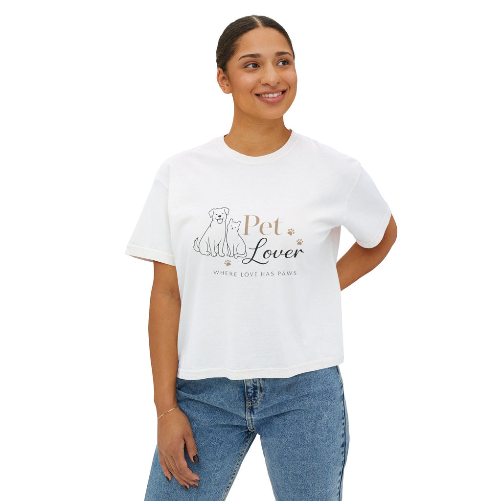 Pet Lover Women's Boxy Tee — "Where Love Has Paws" Cute Dog & Cat Graphic