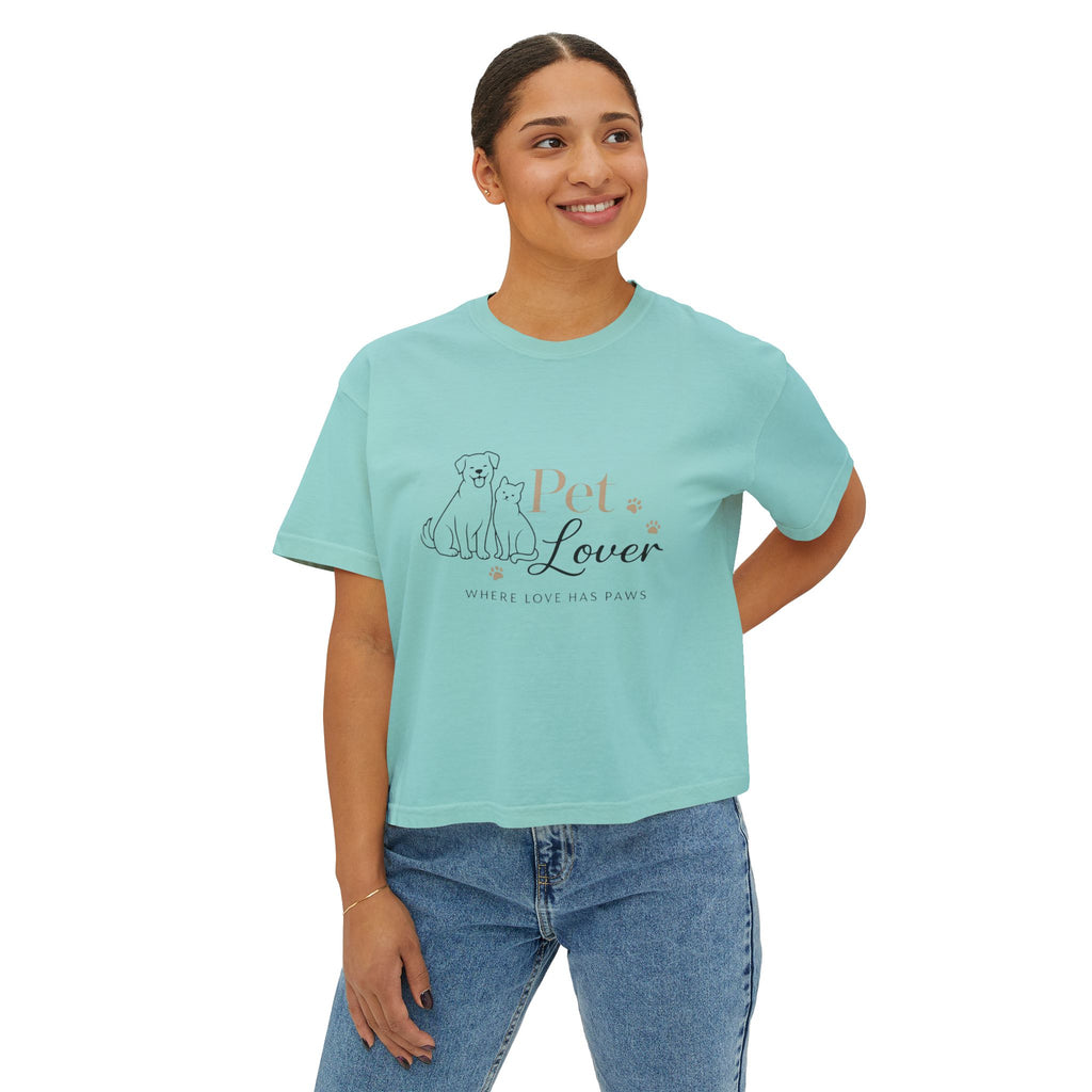 Pet Lover Women's Boxy Tee — "Where Love Has Paws" Cute Dog & Cat Graphic