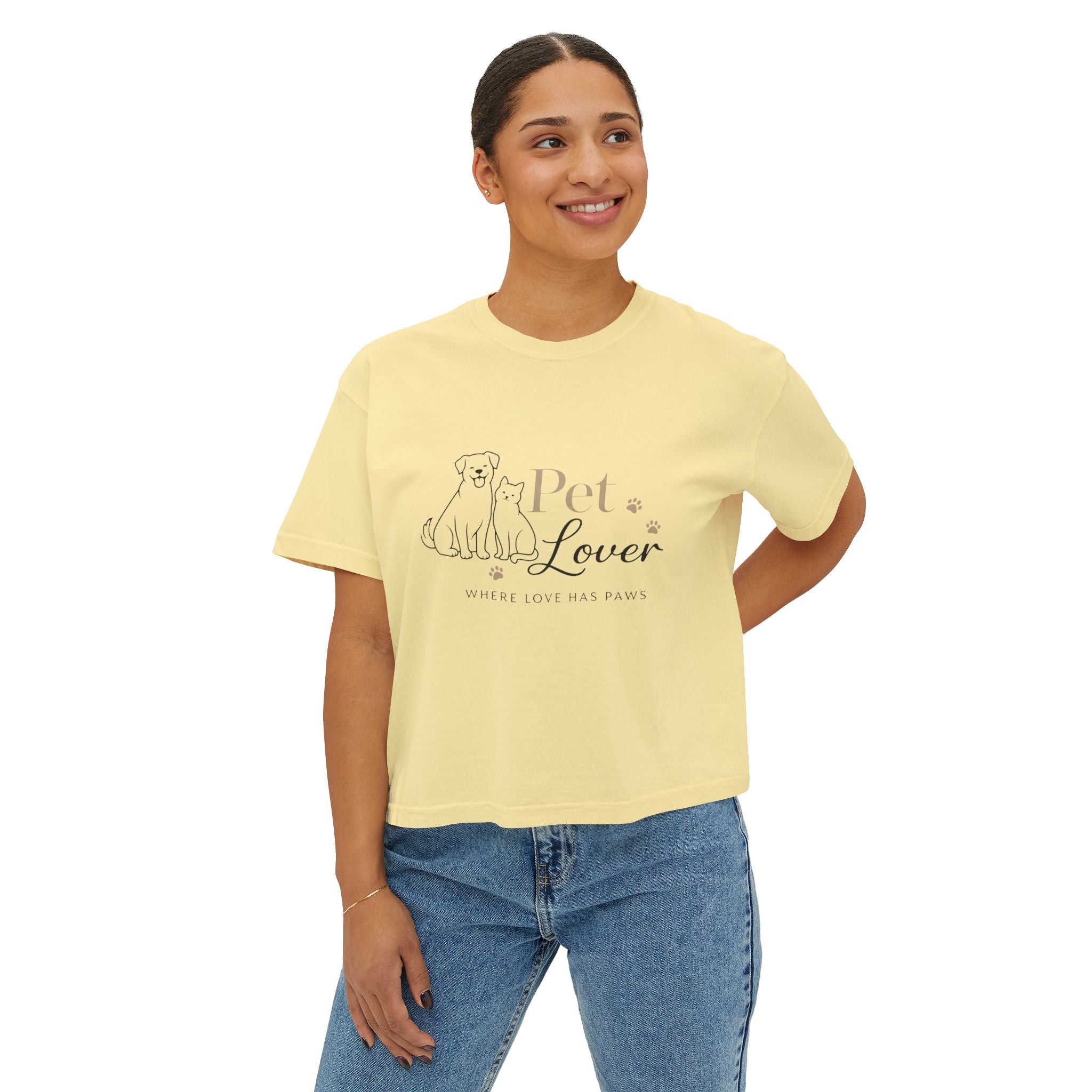 Pet Lover Women's Boxy Tee — "Where Love Has Paws" Cute Dog & Cat Graphic