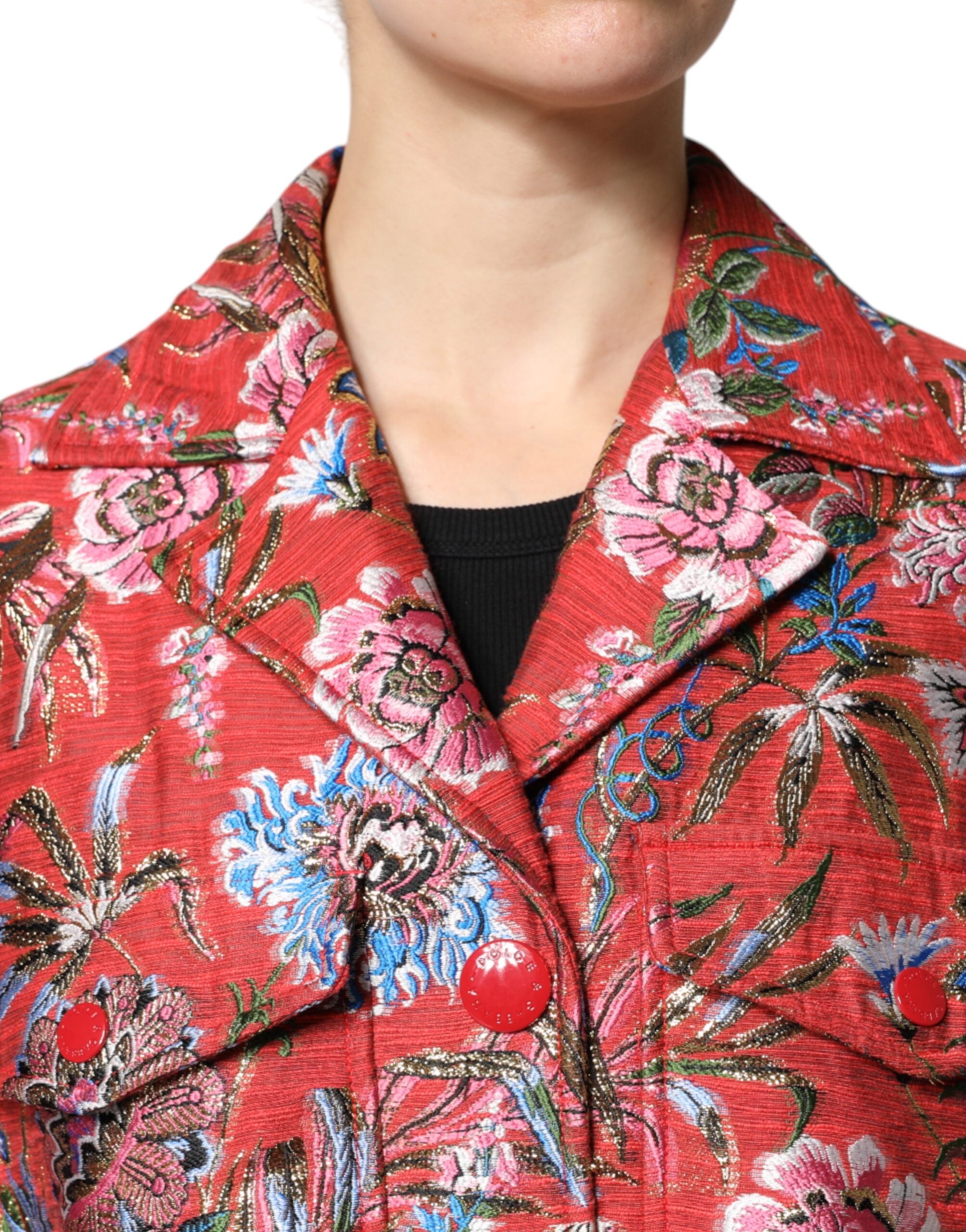 Dolce & Gabbana Red Floral Jacquard Button Down Coat Jacket