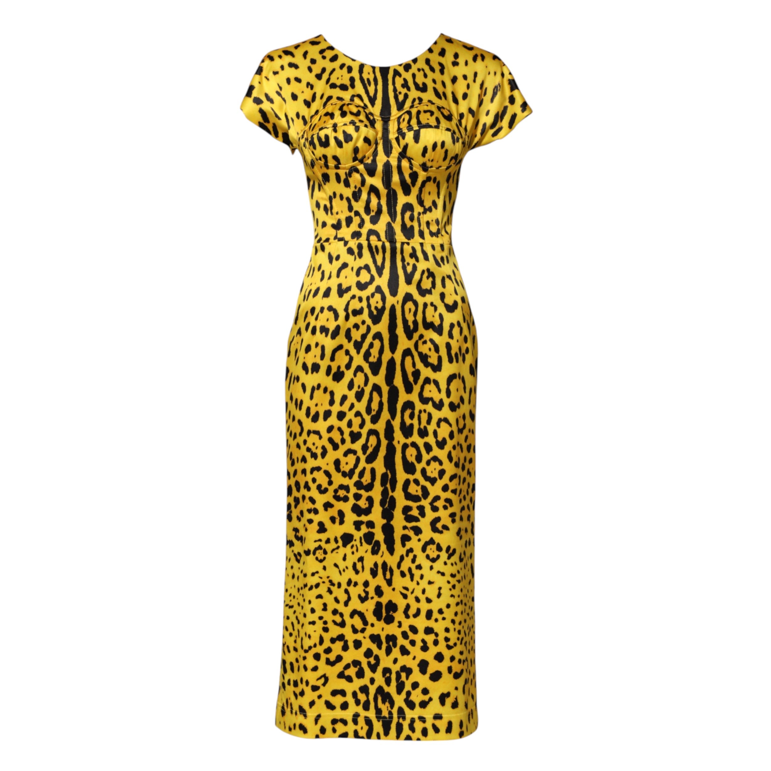 Dolce & Gabbana Yellow Polyester Leopard Midi Sheath Dress