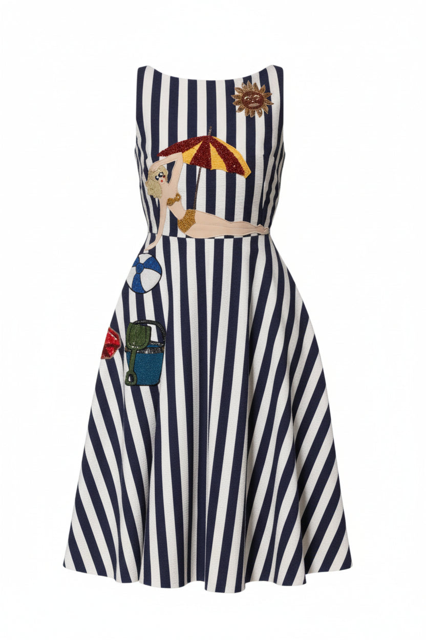 Dolce & Gabbana Blue White Striped Embroidered A-line Dress
