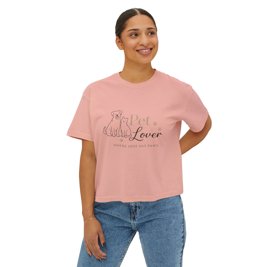 Pet Lover Women's Boxy Tee — "Where Love Has Paws" Cute Dog & Cat Graphic