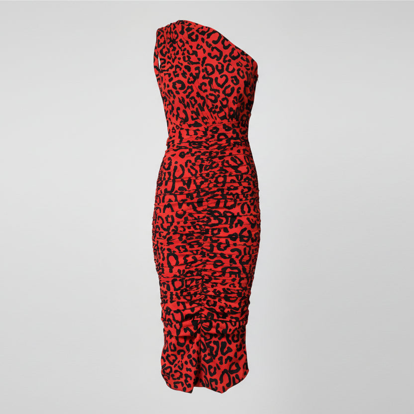 Dolce & Gabbana Red Leopard Print Nylon Sheath Midi Dress